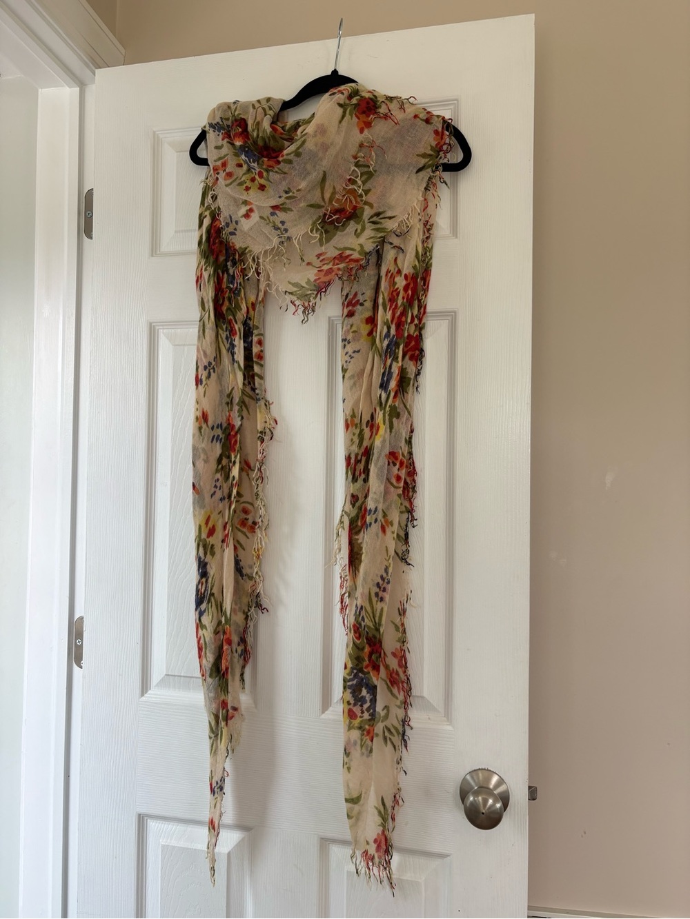 Chan Luu Beige Floral Wrap Scarf with Red, Green & Blue Accents